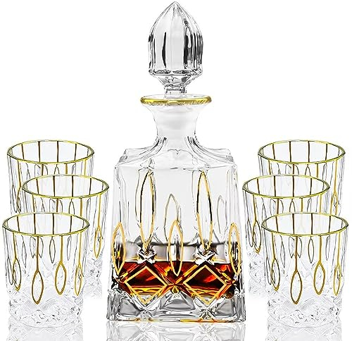 Weinkaraffen-Set mit Goldrand, 800 ml Kristall-Whiskey-Dekanter mit sechs 300 ml Whiskygläsern, europäischer Stil, Dekanter mit dickem Boden, tolle Geschenkidee für Whiskey, Bourbon oder