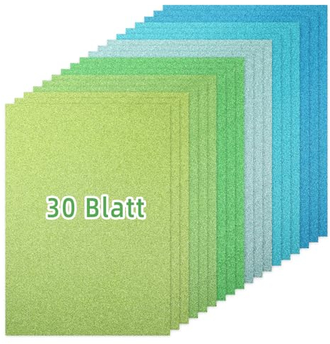 Grün Serie Glitzerpapier zum Basteln, 30 Blatt Bunt Glitzer Papier A4, 6 Farben, 250g/m² Glitterkarton zum Basteln und Gestalten