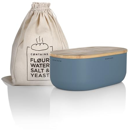 LARS NYSØM Boîte à Pain I Boite a Pain avec Sac en Lin pour Une fraîcheur Durable I Couvercle en Bambou de Haute qualité pouvant être utilisée comme Planche à découper | 36x19x13cm (Stone Blue)
