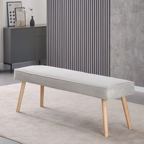 Esszimmerbank EMIL 160 cm – Sitzbank ohne Rückenlehne aus Kordstoff in Grau – Gepolsterte Bank mit Federkern – Massivholzbeine im skandinavischen Design – Ideal für Esszimmer, Flur oder Garderobe