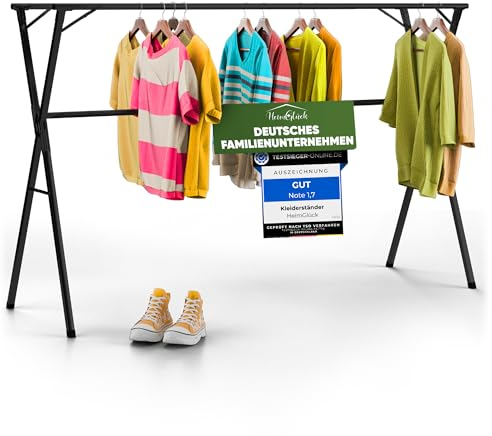 HeimGlück Kleiderständer/Wäscheständer Max schwarz [Ausziehbar 1.30-2.0m,klappbar, sehr Stabil Edelstahl] Kleiderstange, Garderoben-Ständer, Flurgarderobe, Organizer, offener Kleiderschrank
