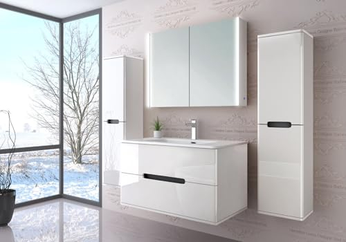 Badezimmermöbel Set Deniz Kosmetik Hochglanz Spiegelschrank Keramik Weiß LED 90 cm