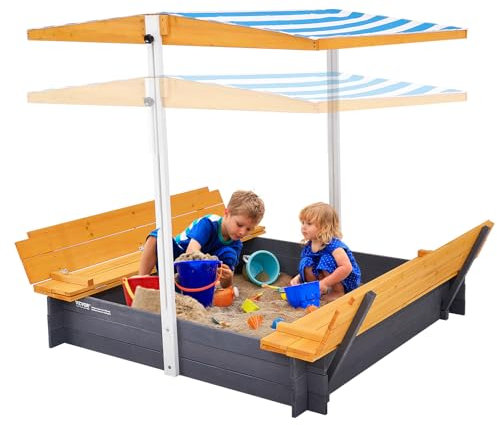 VEVOR Sabbiera in Legno con Tettuccio 1200 x 1200 x 1455 mm Sabbiera con Panche Pieghevoli, Rivestimento del Fondo, Sabbiera per Bambini in Legno per Cortile all'aperto, Spiaggia, Parco, per 3-12 Anni