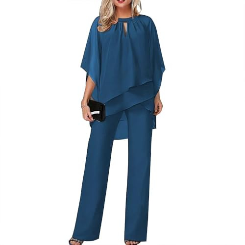 Conjuntos de 2 Piezas para Mujer, Trajes de pantalón Elegante para una Boda, Conjuntos de Pantalones Anchos de Gasa Irregular Formales para Fiestas de Noche (Azul Real,3XL)