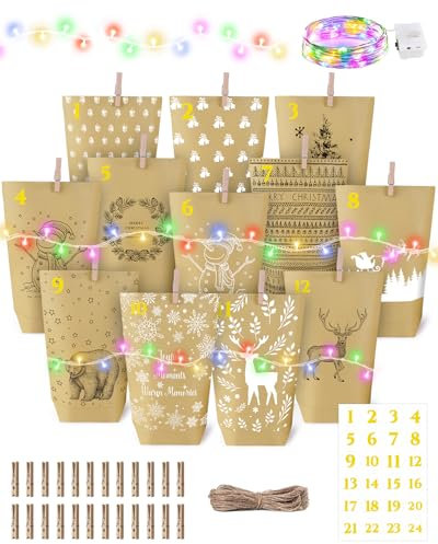 Papiertüten Adventskalender Tüten zum Selber Befüllen : +Lichterkette DIY Adventskalender zum Befüllen Kinder Machen Weihnachtskalender Adventstüten Weihnachtstüten Kalender Basteln