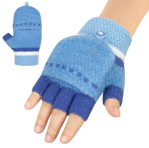 Kiiwah Fingerhandschuhe Kinder mit Kappe, Winter Handschuhe Fingerlose für Mädchen Jungen 5-12 Jahren, Warme Kinderhandschuhe Stricken (Blau-L)