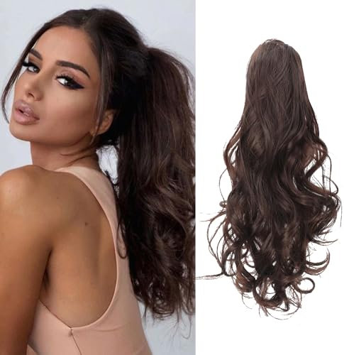 RPAEOY 45 cm Perruque Femme Naturelle Queue de Cheval Postiche Extension Cheveux Naturel Ondulé Bouclés Longue Synthétiques Griffe Claw on Ponytail(Marron foncé)