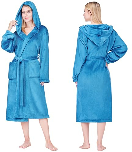 PAVILIA Women’s Hooded Fleece Robe, Soft Plush Long Bathrobe with Hood, Lightweight Warm Cozy Spa Shower Housecoat, Plus Size 2XL/3XL, Teal Blue