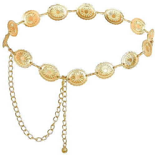 Nokwocy Goldener Gürtel,Damen Metall Hüftgürtel,Kettengürtel Gold Damen, mit ausgehöhlter Daisy,verstellbare Schnallen,Gürtel Gold Passend für Kleider,Jeans,Pullover,stilsicher
