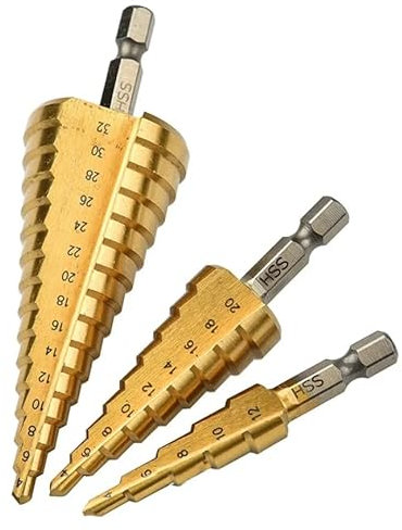 3PCS HSS Step Bits, High Speed Steel Step Drill Bits Set (4-12mm, 4-20mm and 4-32 mm) Cone Drill Bits Hole Cutter for Wood, Stainless Steel, Sheet Metal