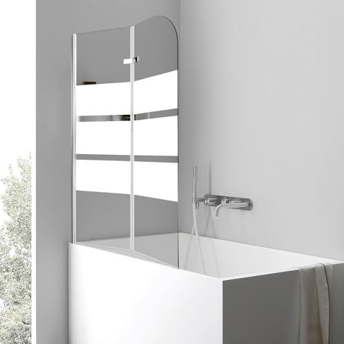 ISOISL Paroi de douche pour baignoire, 100 x 140 cm, en 2 parties, pliable, avec verre de sécurité ESG de 6 mm, paroi de douche, bandes blanches, paroi de baignoire pliable, avec accessoire de