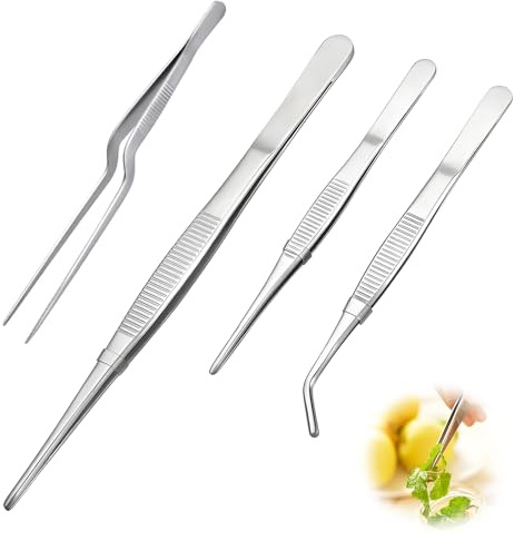Cooking Tweezers 4Pcs, Stainless Steel Kitchen Tweezer Set 16cm/6.3''& 30cm/ 12'', Fine Tweezer Tongs, Chef Tweezers for Decorating Dishes, Baking, BBQ, Watches, Jewelry, Medical Beauty (Silver)