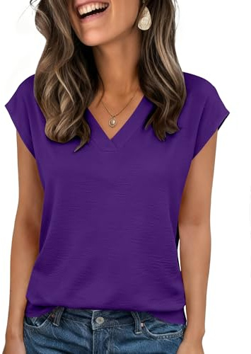 Zeagoo Dressy Tops for Women Casual V Neck Short Sleeve Blouses Solid Tshirt Business Work Shirt Purple