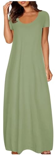 Midi Dress Casual Short Sleeve Cotton Swing Long Maxi Dress Scoop Neck Flowy Sundress with Pockets for Beach Holidays Green