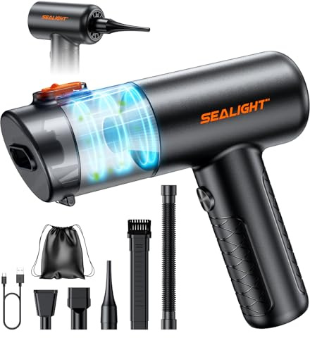 SEALIGHT Aspirador de Mano, 32000Pa Aspiradora sin Cable Coche, 4 en 1 Aspirador Coche con Motor sin Escobillas,Aciado Automático de un Toque, para Casa/Coche/Pelo de Mascota