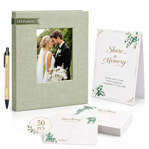 Wedding Guest Book, Linen Hardcover Memory Book with 50 Message Cards
