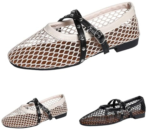 Ballerines Mary Jane en maille pour femme, élégantes, plates, chaussures de danse, chaussures d'été, chaussures de ballet classiques, pliables, rétro, respirantes, chaussures pieds nus