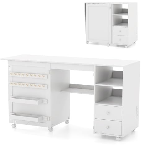 COSTWAY Table de Couture Pliante, 146 x 50 x 78 cm, Blanc | Meuble Couture à Roulettes, avec Station de Charge, 2 Compartiments, 2 Tiroirs, Étagère Ouverte, Meuble Machine à Coudre