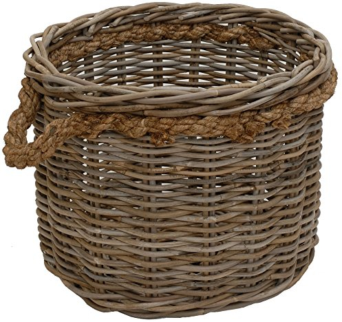 Großer Pflanzkorb Holzkorb rund Grau Natur Rattan mit Seilrand/Übertopf aus Rattan (XL Ø50cm)