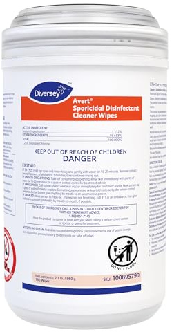 Diversey 100895790 Avert Sporicidal Disinfectant Cleaner, Hospital Grade Kills C. Difficile Spores, Standard Size Wipes, 160-Wipes, 1-Canister