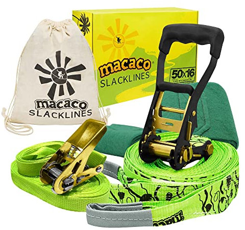 Macaco Slackline Kit 16 m mit Trainingsleine | Slackline Outdoor für Kinder | Waldschulausrüstung | Zirkus-Fähigkeiten Ausrüstung für Kinder | Outdoor-Spielzeug für Kinder Outdoor-Spielgeräte