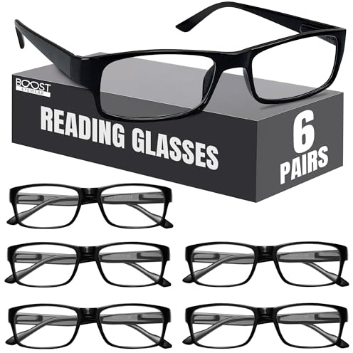Boost Eyewear 6 Pack Reading Glasses, Traditional Black Frames, for Men and Women, with Comfort Spring Loaded Hinges, Black, 6 Pairs (+1.75)