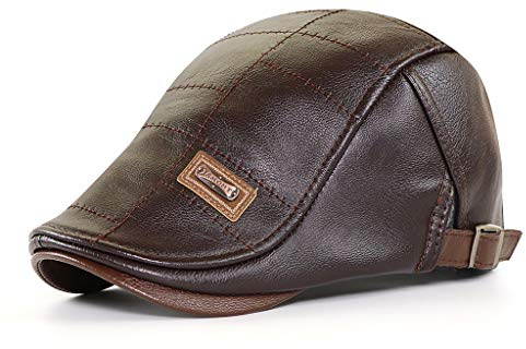 Elwow Men's Warm PU Leather Flat Cap Newsboy Cap Vintage Beret Cap Driving Irish Flat Hat English Granddad Hat (Deep Khaki, One Size)