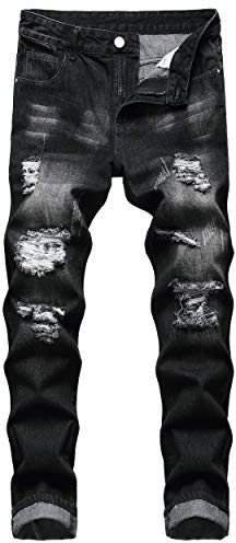 Qimyum Rivna och slitna jeans för herr, smal passform, denimbyxor med raka ben, 54