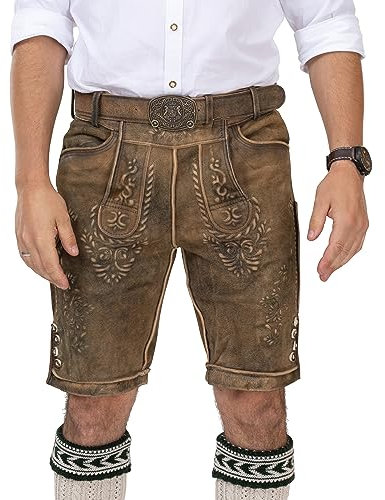 Lederhose Herren kurz - Premium Vintage Trachtenlederhose inkl. Trachtengürtel - Trachtenhose Freising (58)