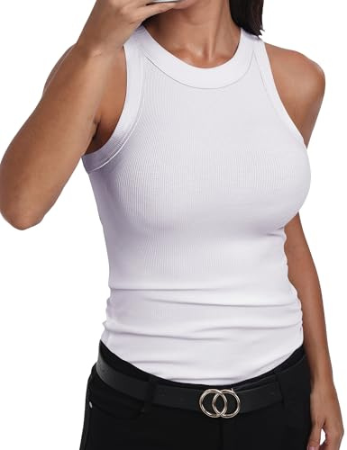 GEMBERA Womens Sleeveless Racerback High Neck Basic Ribbed Knit Fitted Tank Top White XL
