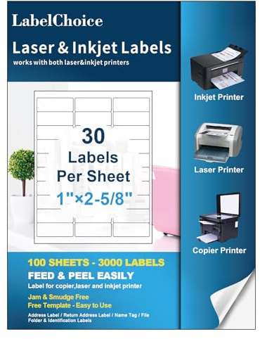 Labelchoice 100 Sheets 3000 Pcs 30-up 1 x 2-5/8 Shipping Address FBA Labels for Laser & Inkjet Printers, 30 Up Labels 1 x 2-5/8 on US Letter,30 per Sheet Return Address Stickers, 30 per Page