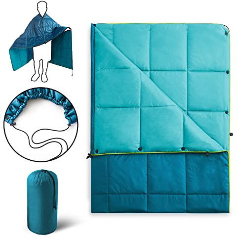 UNIKOME Waterproof Puffy Camping Blanket - Lightweight Packable Outdoor Quilt with Snaps & Corner Loops, Warm Compact Blanket for Cold Weather Hiking Picnic Stadium Travel, 75×52, Lake Blue&Sky Blue