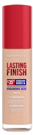 Rimmel London Lasting Finish jusqu'à 35h, 010 Rose Ivory, fond de teint, longue tenue, hydratant, formule vegan, couvrance totale, 30 ml