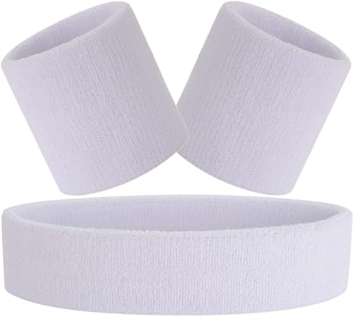 Hatstar 3-teiliges Schweißband Set | Schweißbänder für Handgelenk und Kopf | Stirnband für Damen & Herren (Weiss)