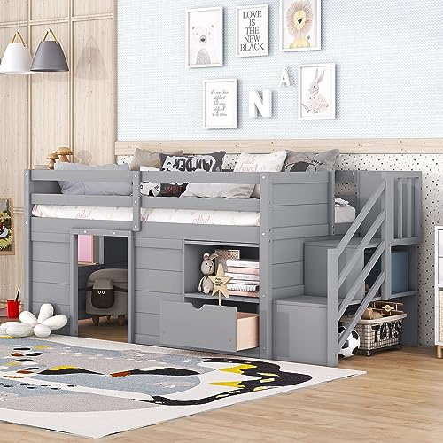 Bellemave Twin Size Low loft Bed for Kids,Wood Loft Beds,Modern Farmhouse Twin loft Bed,Loft Bed with Storage, No Box Spring Needed,for Kids,Gray