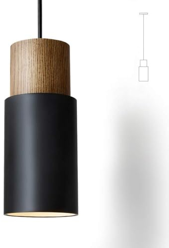 DUHU Black and Wood Pendant Light,Modern Kitchen Pendant Light Over Island,Industrial Metal Lampshade,Single Hanging Light E26 for Dinning Table,Bedroom Nightstand,Bar,Farmhouse,Height Adjustable