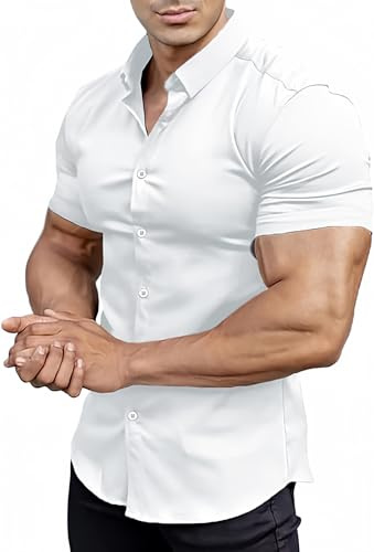 Eouoss - Mens Slim Fit Long Sleeve Stretch Casual Button Down Shirt, White, S