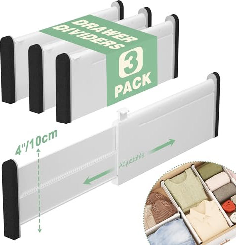 FUNIZE Divisori regolabili per cassetti, organizer per cassetti espandibili per vestiti, altezza 10,2 cm, confezione da 3 separatori per cassetti da 32,6-57 cm, per cucina, camera da letto, ufficio