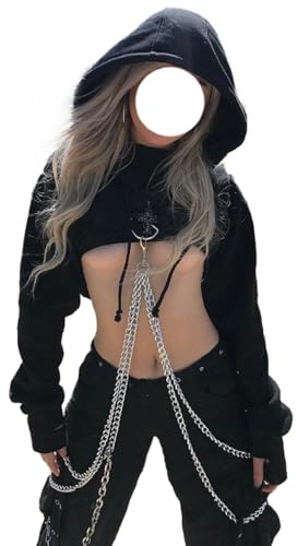 YINGWIN Gothic Print Hoodie Punk Very Short Cropped Top Casual Pullover Sweatshirt with Chain