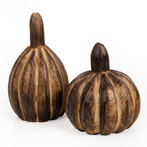 Holz-Kürbisse, 3 Stück: Herbstdeko Figuren, Tischdeko Kürbis, Kleine Dekofiguren Herbst, Dekoration Tisch & Fensterbank, Deko Modern, Herbstliche Zierkürbisse Innen, Herbstfiguren Set Klein, 10-12 cm