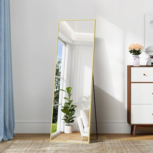 COFENY Ganzkörperspiegel, 150 × 40 cm Standspiegel mit Aluminiumrahmen, Spiegel Groß zum Stehen, Anlehnen oder Hängen, Spiegel Ganzkörper für Schlafzimmer, Wohnzimmer,Gold