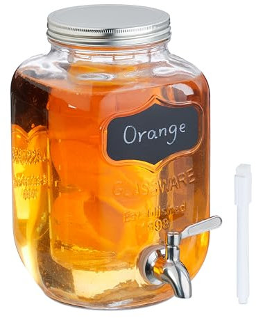 Relaxdays Dispenser in Vetro per Bevande da 4 L, Erogatore con Rubinetto e Coperchio, Distributore Acqua, Inserto Frutta
