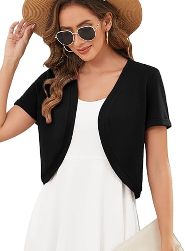 Heymoments Cardigan for Women Short Sleeve Shrug, Black, Large