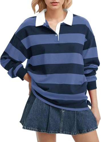FENXIXIONE Camiseta polo de manga larga a rayas para mujer, cuello grande, estilo Y2K, informal, holgada, para la calle, rugby, azul, M
