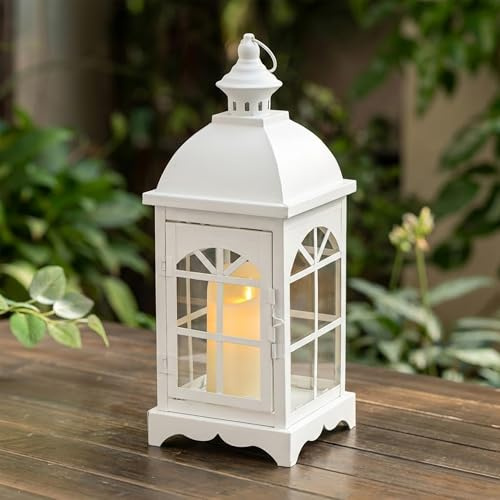 TRIROCKS Dekorative Vintage-Kerzenlaternen, 37 cm Hoch, Bauernhaus-Hängekerzenhalter mit Gehärtetem Glas, für Veranda, Balkon, Terrasse, Haus, Garten, Hochzeit, Drinnen und Draußen (Weiß)