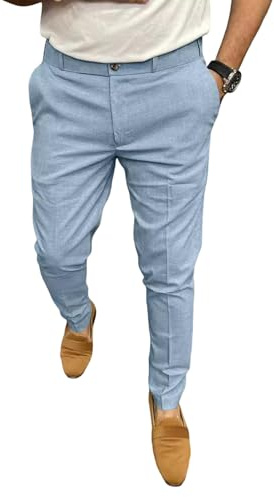 Oanviso Pantalon Costume Homme Habillé Chino Slim Fit Tailleur Pantalon Smoking Casual Formal Business Élégant Coupe Ajustée Pantalon Bureau De Travail Uni Classique Jogging Bleu Clair M