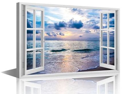 Wall Decor Seascape Canvas Wall Art 3D Window View Modern Artwork for Office Landscape Picture Print on Canvas Wall Decorations Framed Ready to Hang for Living Bedroom Home, 24x16in