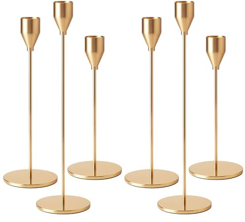 Druuzyl Set di 6 Portacandele da Tavolo in Metallo Dorato 33/29/23cm - Candelabri Vintage per Matrimoni e Cene Romantiche - Decorazione Nuziale con Candele per Anniversari e Feste (Oro)