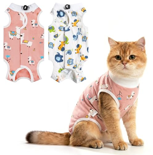 HOTUT 2 Pack Cat Recovery Suit,Breathable Soft Anti Licking Cat Bodysuit,Kitten Onesie Pet Surgical Spay Shirt,for Abdominal Wounds or Skin Diseases,Elizabethan Collar Alternative