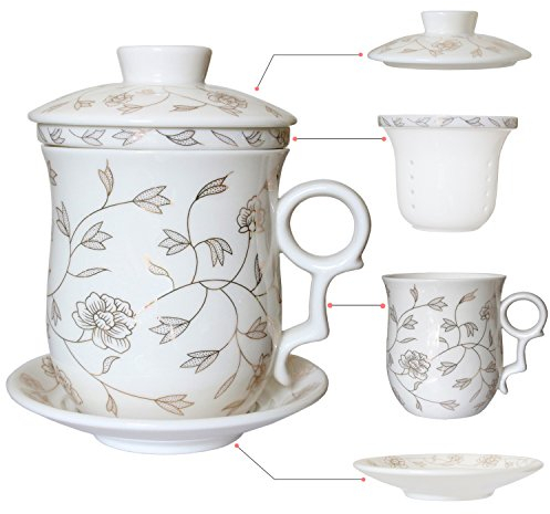 Hollihi Tasse en porcelaine avec couvercle, soucoupe et infuseur, tasse à thé chinoise en porcelaine de Jingdezhen, idéale pour café ou feuilles de thé, pour la maison ou le bureau